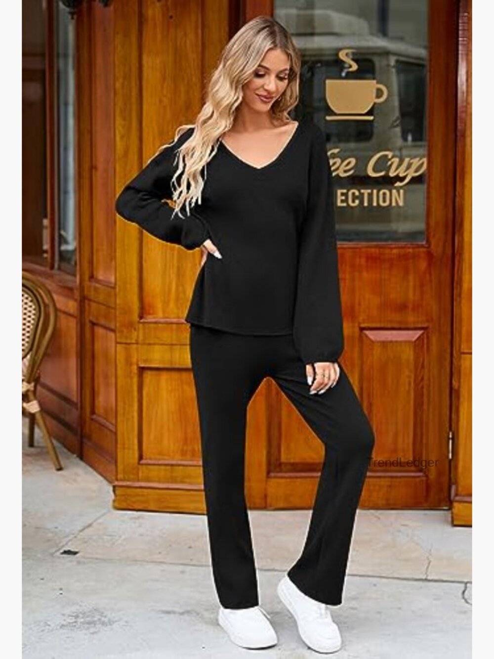 Women's 2-Piece Knit Lounge Set Sweatsuit Wide Leg Pants - Picture 6 of 7